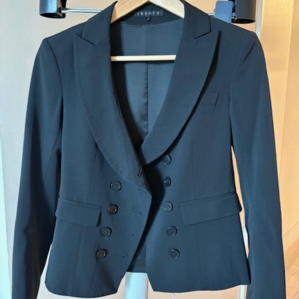 THEORY Black Double Breasted Blazer Size 2 Classic Tailored